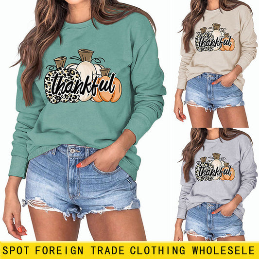 Thankful Pumpkin Leopard Print Letters Halloween Print Round Neck Long Sleeve Women's Sweatshirt