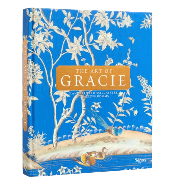 The Art of Gracie Handpainted Wallpapers Timeless Rooms Rizzoli coffee table book with blue and gold chinoiserie cover