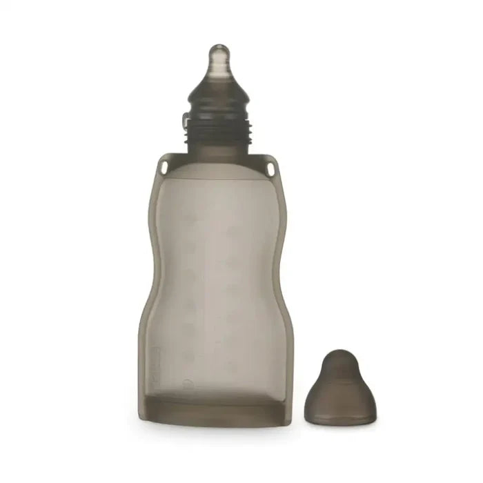 Gray baby bottle with nipple from Soft Gray Silicone Baby Bottles and Toshi Baby Romper deals