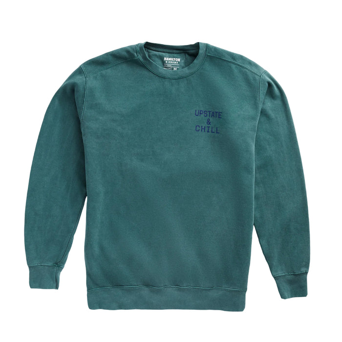 Green sweatshirt with text on a gray background