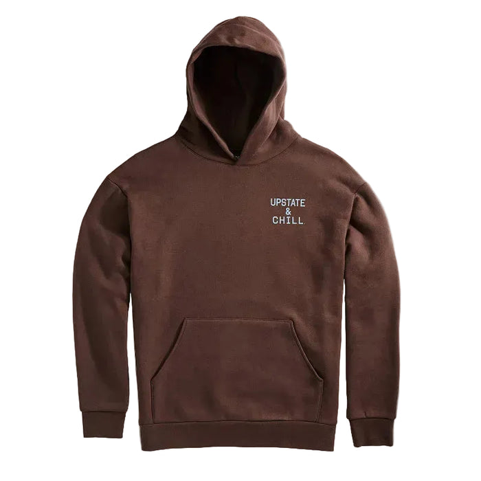 Brown hoodie with 'Upstate & Chill' text on a gray background