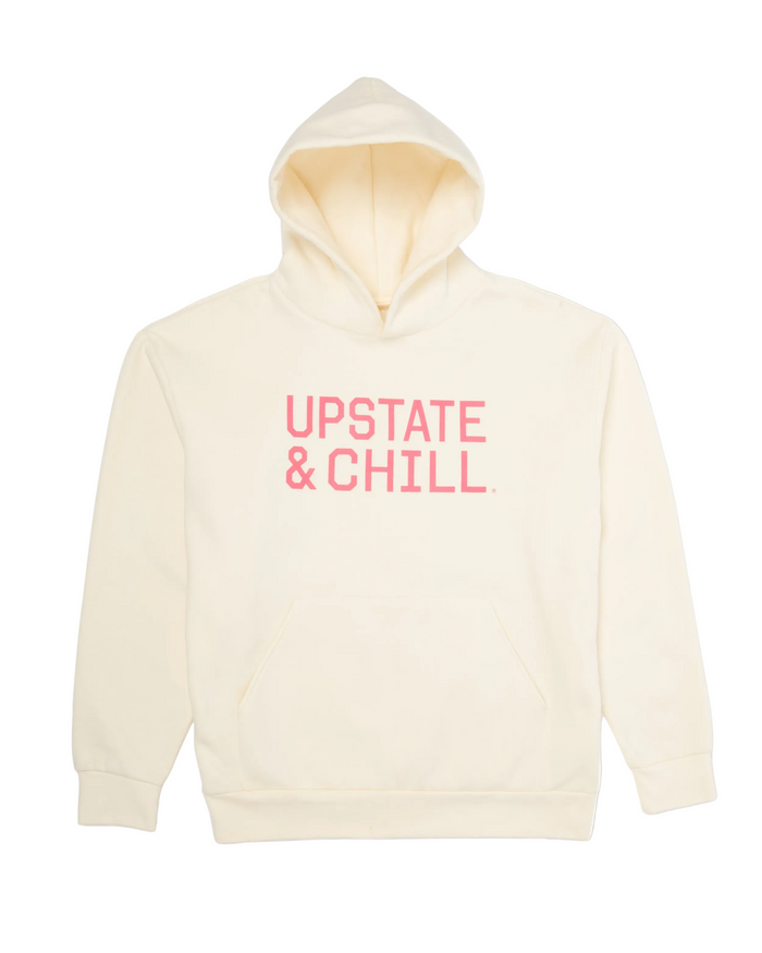 Beige hoodie with 'UPSTATE & CHILL' text in pink on a white background