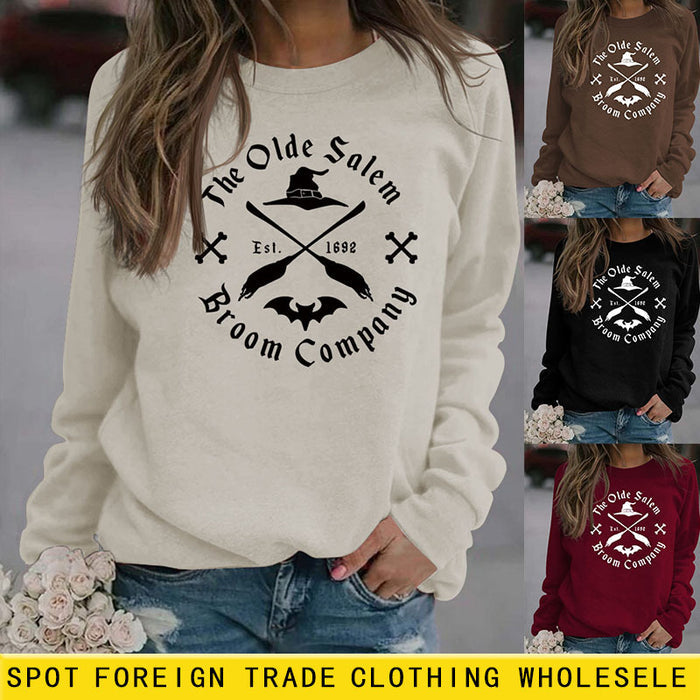 The Olde Salem Broom Letter Round Neck Loose Long Sleeve Sweater Girl