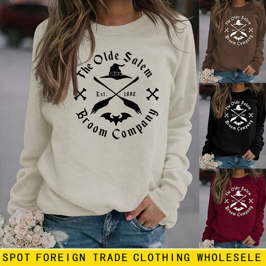 The Olde Salem Broom Letter Round Neck Loose Long Sleeve Sweater Girl