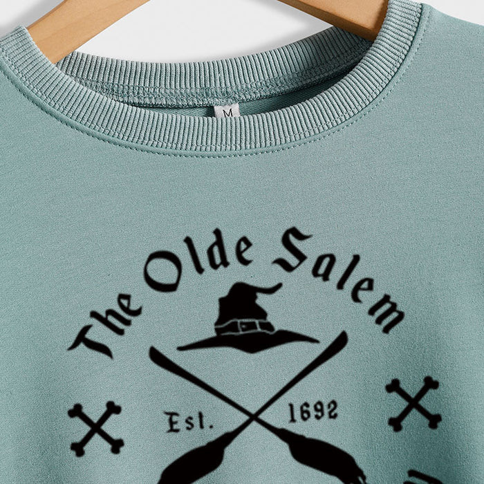 The Olde Salem Broom Letter Round Neck Loose Long Sleeve Sweater Girl