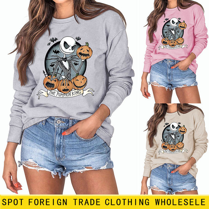 THE PUMPKIN KING Pumpkin Skull Halloween Round Neck Large Size Long-sleeved Sweater Women