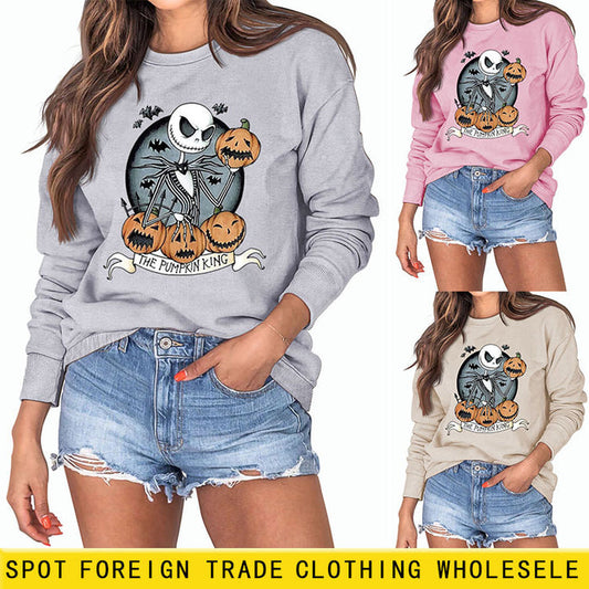 THE PUMPKIN KING Pumpkin Skull Halloween Round Neck Large Size Long-sleeved Sweater Women