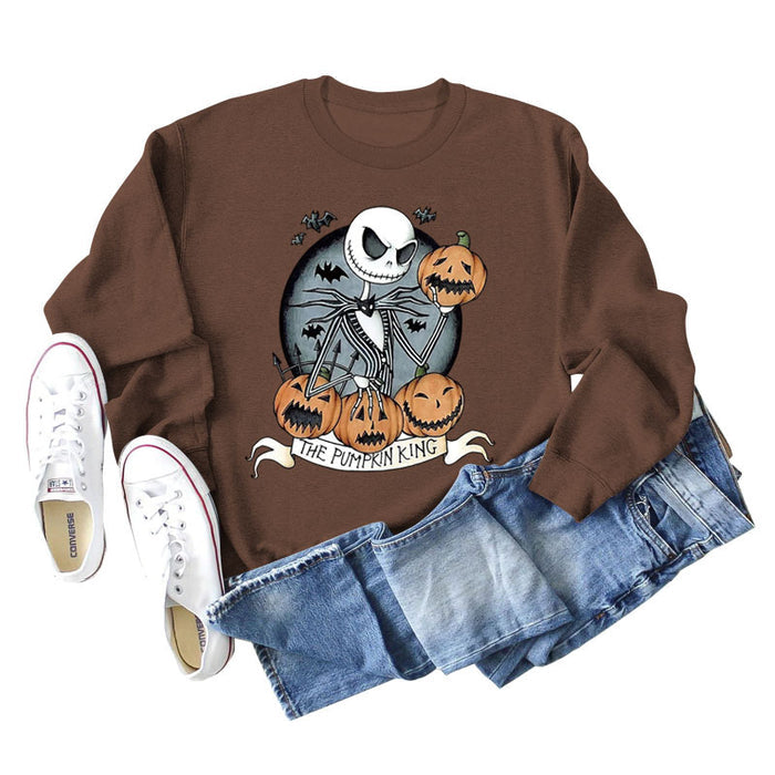 THE PUMPKIN KING Pumpkin Skull Halloween Round Neck Large Size Long-sleeved Sweater Women