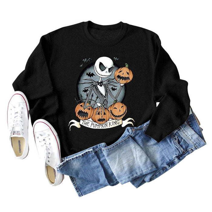 THE PUMPKIN KING Pumpkin Skull Halloween Round Neck Large Size Long-sleeved Sweater Women