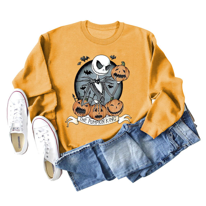 THE PUMPKIN KING Pumpkin Skull Halloween Round Neck Large Size Long-sleeved Sweater Women