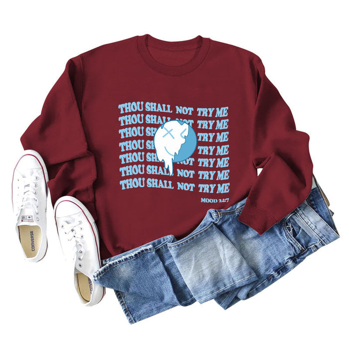 THOU SHALL NOT Letters, Round Neck, Loose Long Sleeves, Large Size Sweatshirt Woman