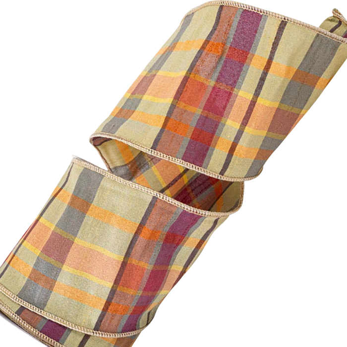 Four-inch tan dupioni wired ribbon with golden yellow, rust, and muted green plaid, arranged in loose loops on a white background.