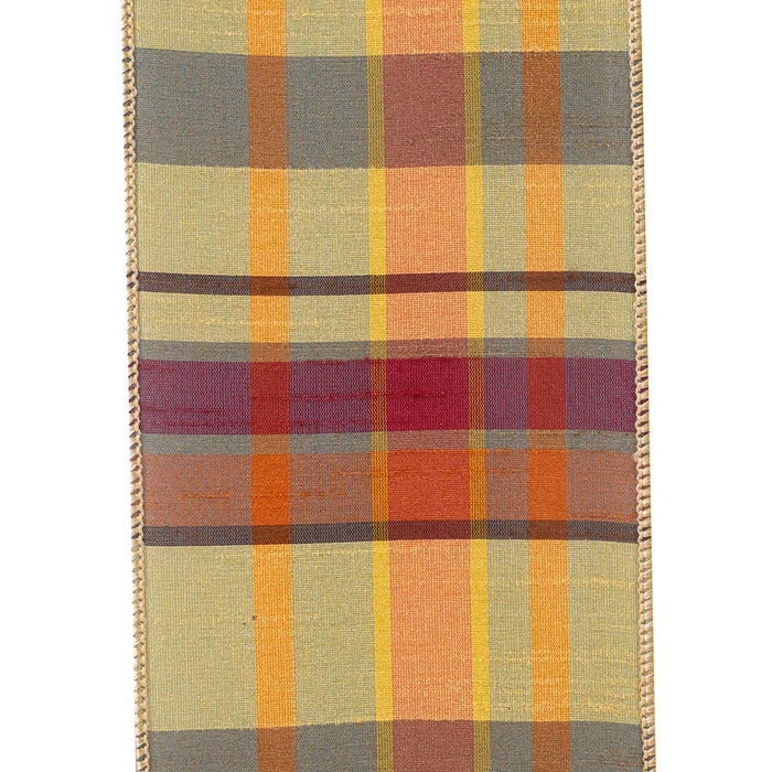 Four-inch tan dupioni wired ribbon with golden yellow, rust, and muted green plaid, arranged in loose loops on a white background.