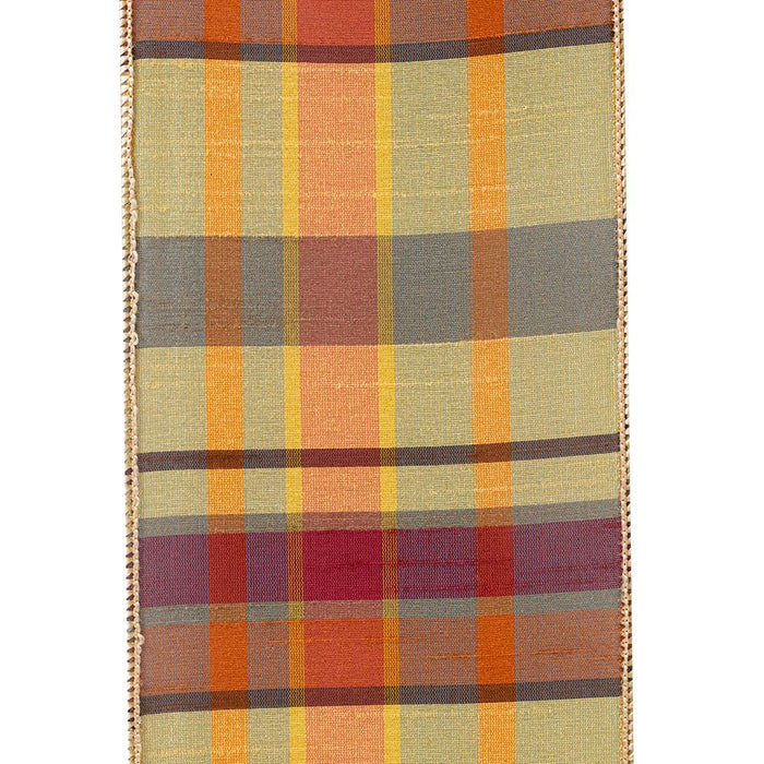 Four-inch tan dupioni wired ribbon with golden yellow, rust, and muted green plaid, arranged in loose loops on a white background.