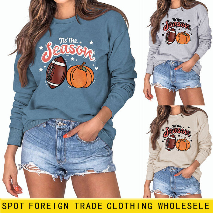 Tis' The Season Pumpkin Letters Halloween Loose Round Neck Long Sleeve Sweater Women