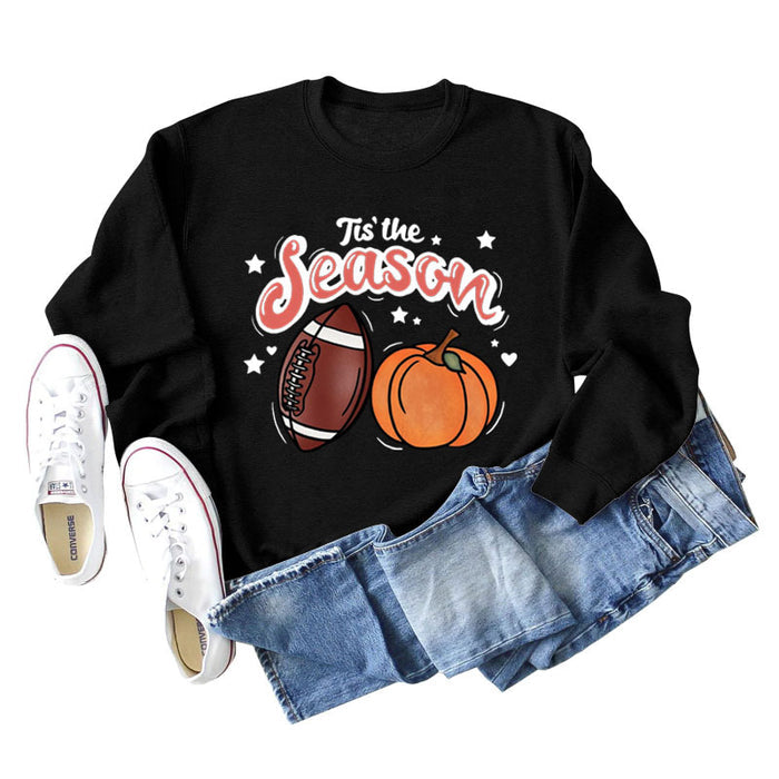 Tis' The Season Pumpkin Letters Halloween Loose Round Neck Long Sleeve Sweater Women