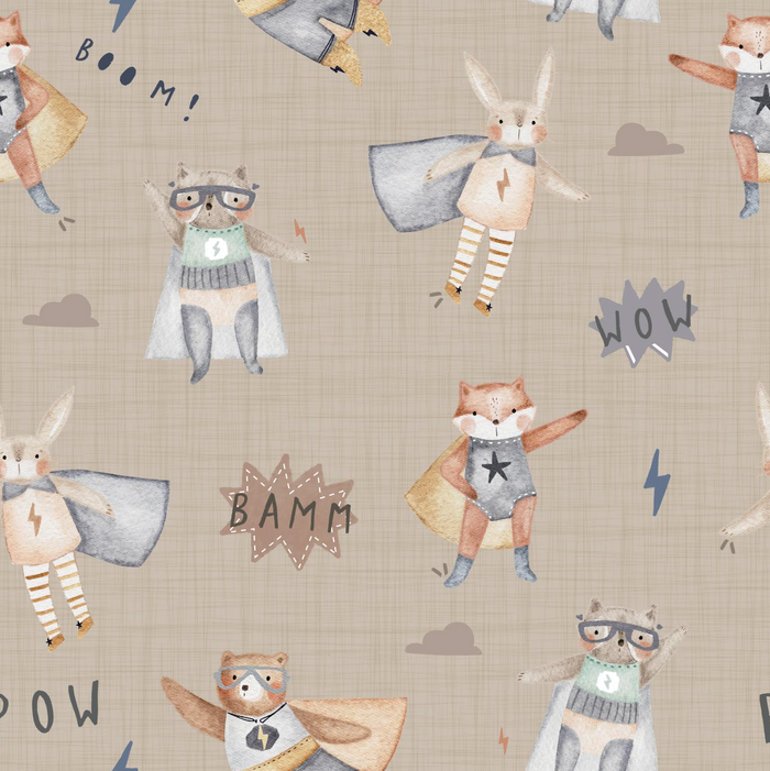 Children's fabric with superhero animal characters on a beige background