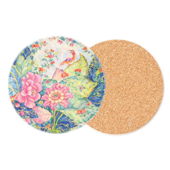 Set of two Tobacco Leaf-inspired ceramic coasters with colorful floral and bird design and natural cork backing