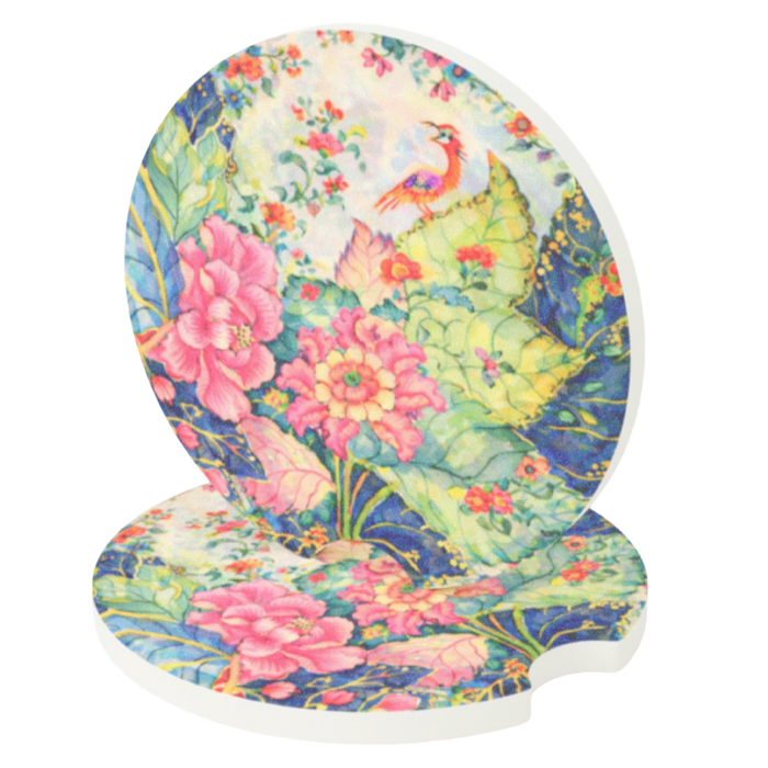 Set of two Tobacco Leaf-inspired soapstone car coasters with colorful pink flowers, green foliage and bird design