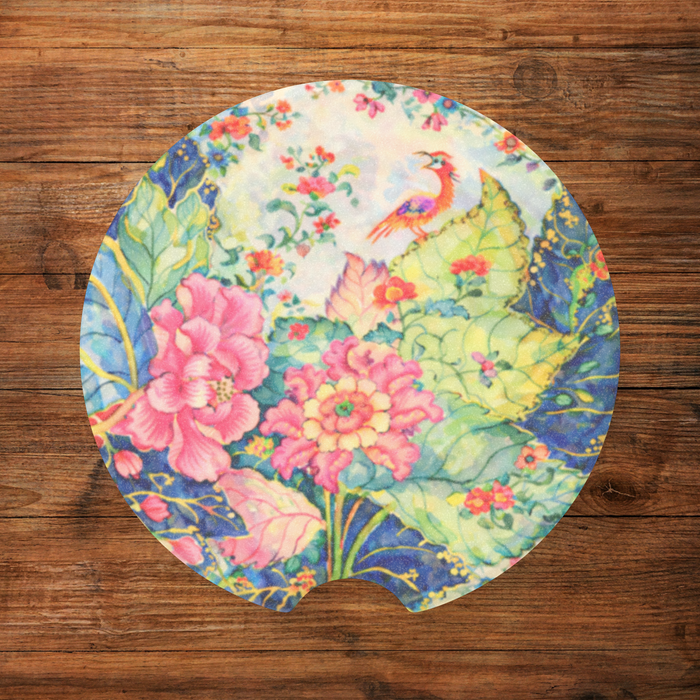 Set of two Tobacco Leaf-inspired soapstone car coasters with colorful pink flowers, green foliage and bird design
