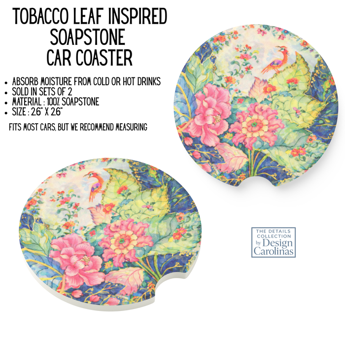 Set of two Tobacco Leaf-inspired soapstone car coasters with colorful pink flowers, green foliage and bird design