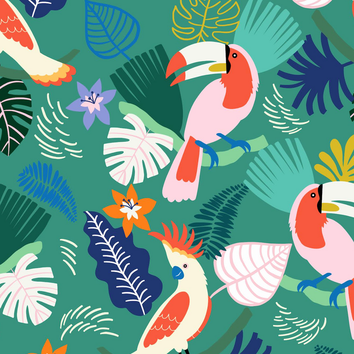 Tropical pattern with toucans, parrots, and leaves on a green background