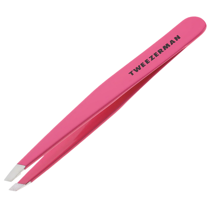 Pink tweezers with 'Tweezerman' branding on a white background