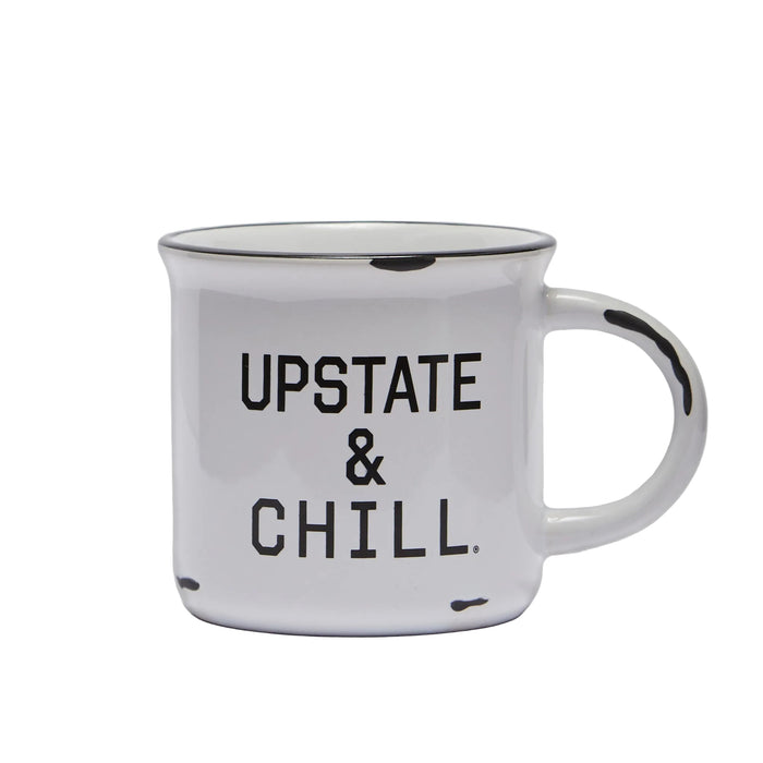White mug with 'UPSTATE & CHILL.' text on a light gray background