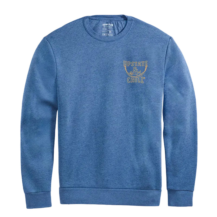Blue sweatshirt with 'Upstate & Chill' logo on a gray background