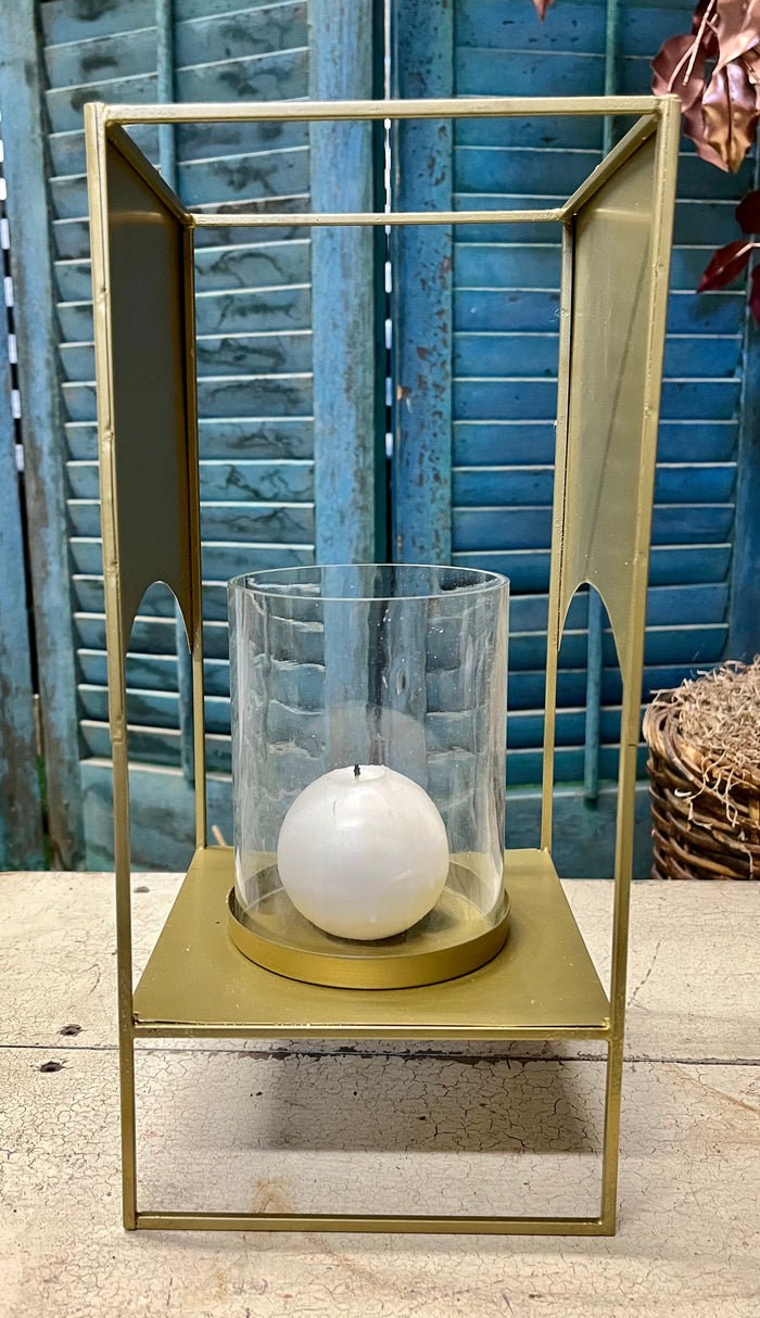 VERSATILE GLASS HURRICANE WITH ANTIQUE BRASS METAL STAND