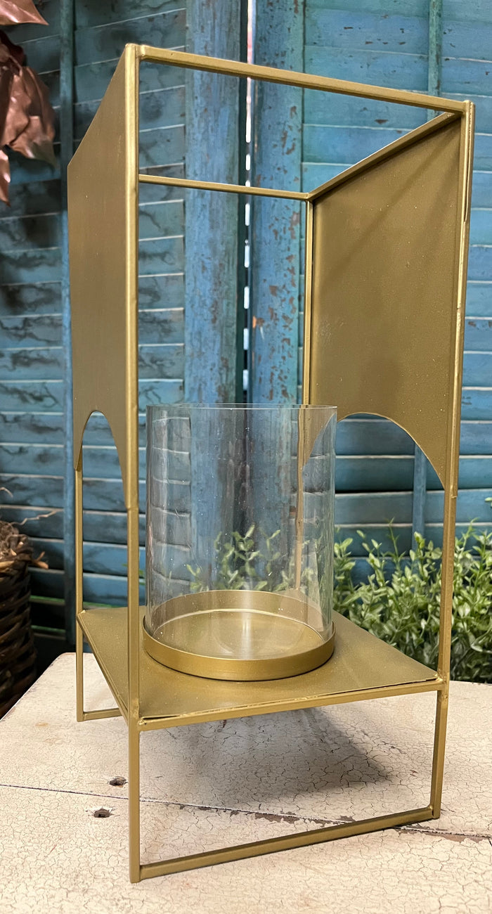 VERSATILE GLASS HURRICANE WITH ANTIQUE BRASS METAL STAND