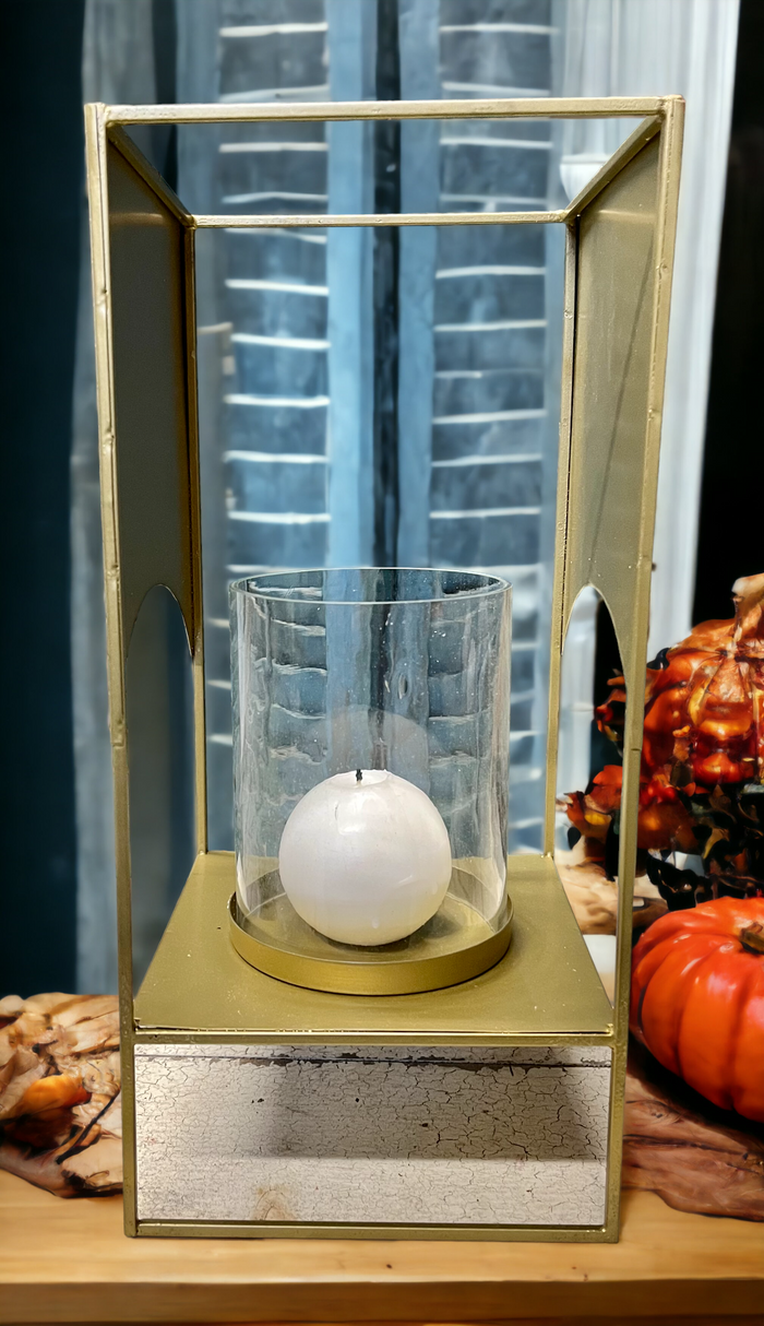 VERSATILE GLASS HURRICANE WITH ANTIQUE BRASS METAL STAND