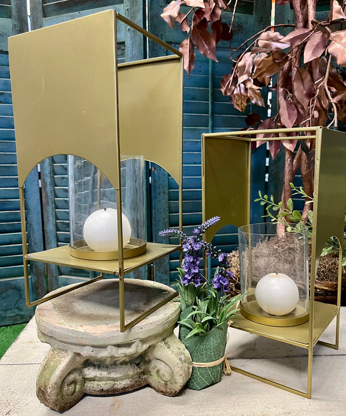 VERSATILE GLASS HURRICANE WITH ANTIQUE BRASS METAL STAND
