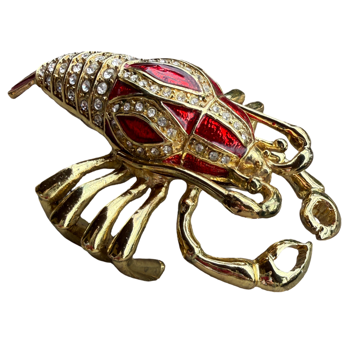 Vintage jeweled lobster trinket box with red enamel and sparkling rhinestone crystals.