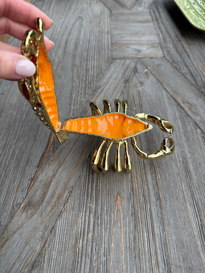 Vintage jeweled lobster trinket box with red enamel and sparkling rhinestone crystals.