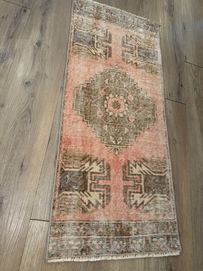 Vintage Turkish Mini Rug 3'4" x 16.5" | Peach, Earthy Brown, & Muted Blue Geometric Accent Rug