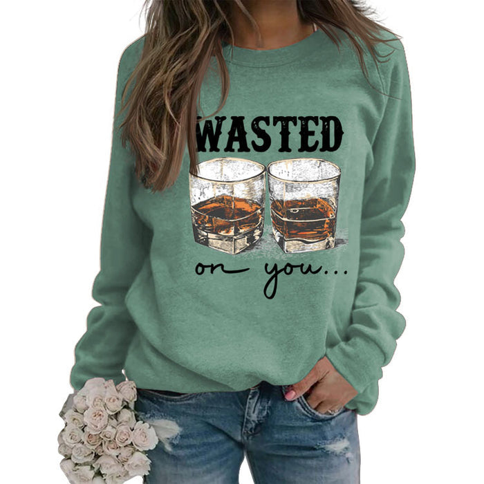 WASTED ON YOU Wine Glass Letter Printing Autumn and Winter Base Long Sleeve Plus Size Sweater