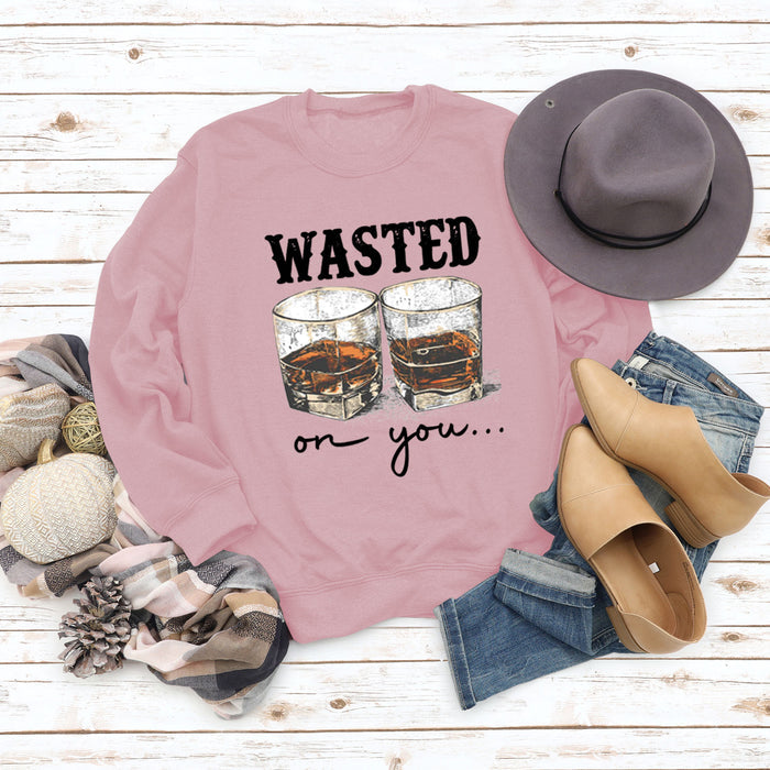 WASTED ON YOU Wine Glass Letter Printing Autumn and Winter Base Long Sleeve Plus Size Sweater