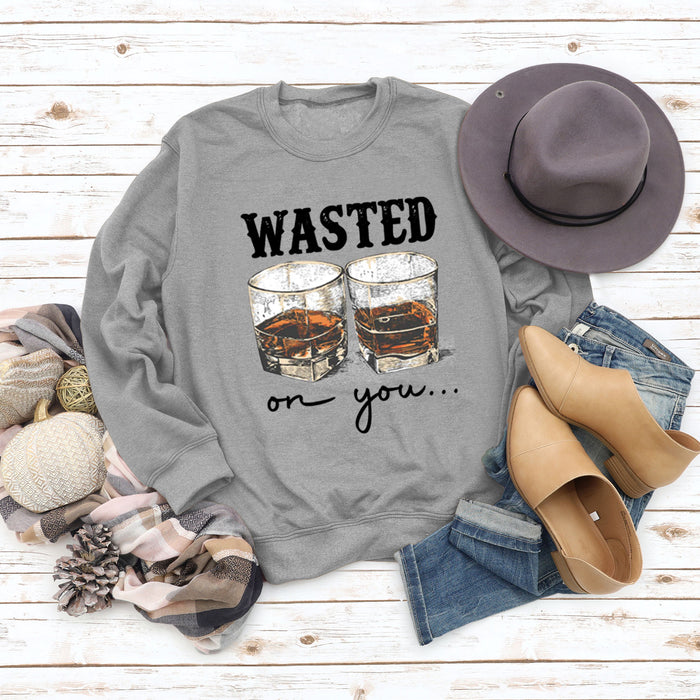 WASTED ON YOU Wine Glass Letter Printing Autumn and Winter Base Long Sleeve Plus Size Sweater