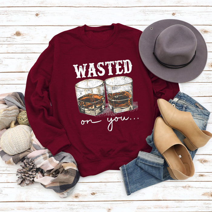 WASTED ON YOU Wine Glass Letter Printing Autumn and Winter Base Long Sleeve Plus Size Sweater
