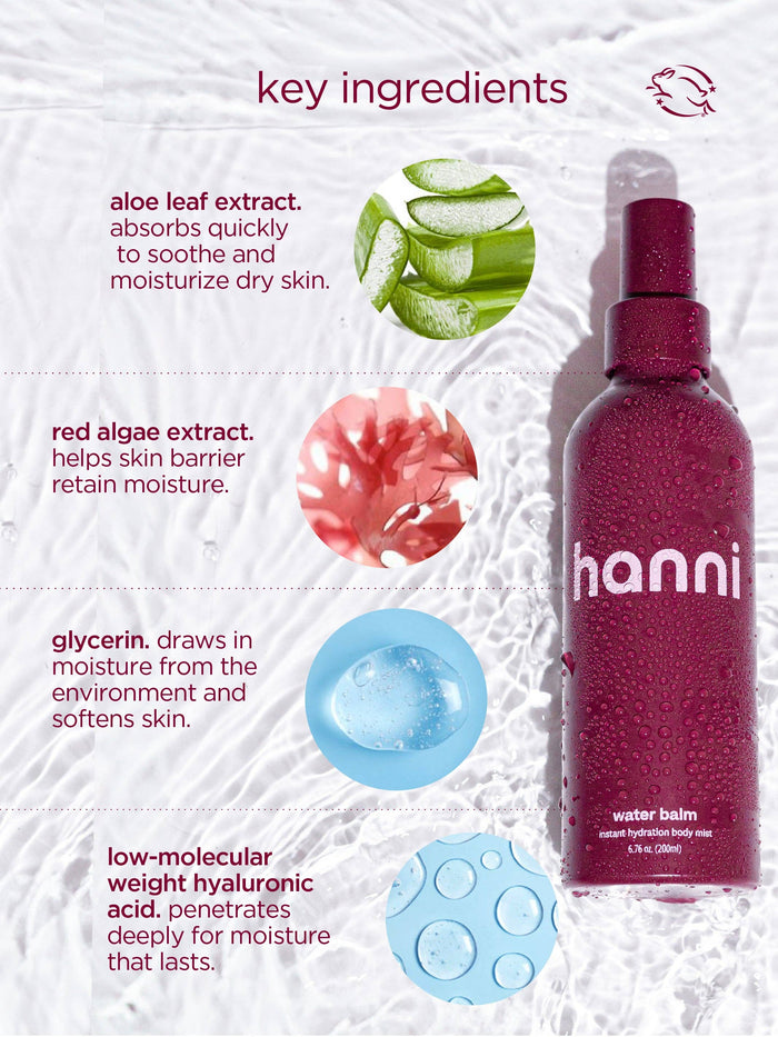 hanni water balm, spray-on body moisturizer, lightweight lotion alternative, fast absorbing body spray, natural mosquito repellent spray, water-based body mist, quick dry moisturizer, multitasking body balm, hanni skincare mist, hydrating bug repellent