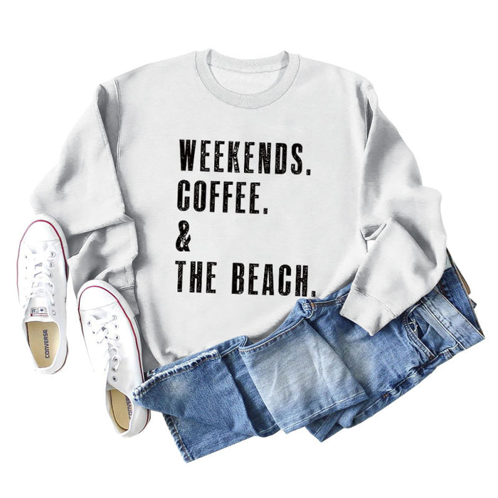 WEEKENDS COFFEE CREW NECK LETTERS FASHION LOOSE FALL WINTER LONG SLEEVE OVERSIZE SWEATSHIRT
