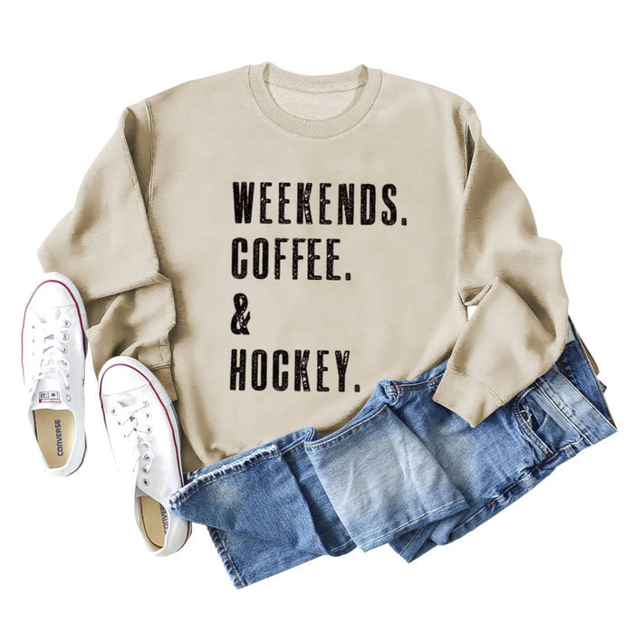 WEEKENDS COFFEE Letter Round Neck Loose Fall/Winter Basement Long Sleeve Sweater Girl
