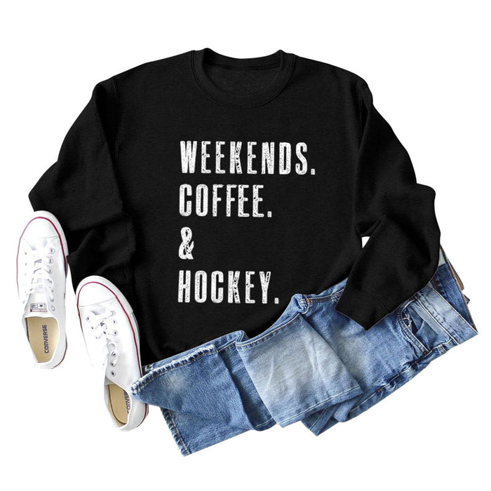 WEEKENDS COFFEE Letter Round Neck Loose Fall/Winter Basement Long Sleeve Sweater Girl
