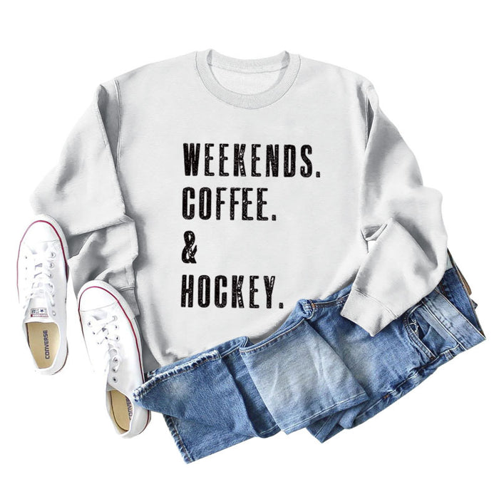 WEEKENDS COFFEE Letter Round Neck Loose Fall/Winter Basement Long Sleeve Sweater Girl