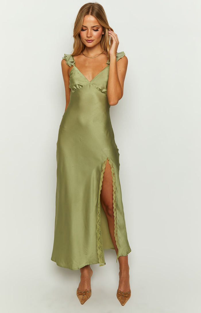 Sage satin maxi dress with a V-neckline, ruffled shoulder straps, and a high leg split with lace trim