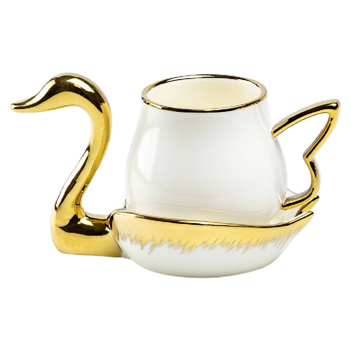 White ceramic swan tea-for-one set with metallic gold swan neck, handle and decorative accents on a white background