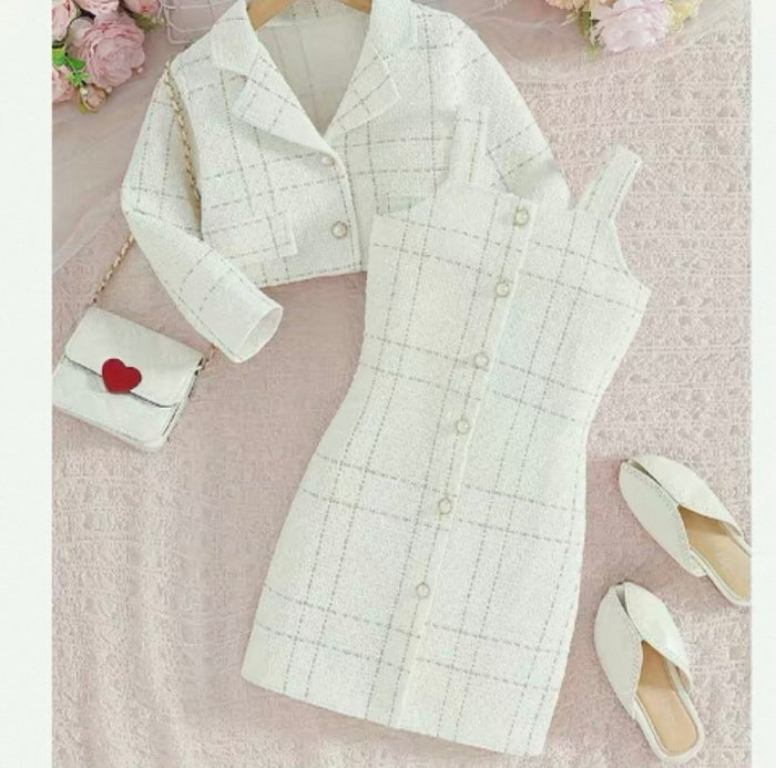 White checkered outfit with a matching dress, jacket, and shoes on a pink floral background.