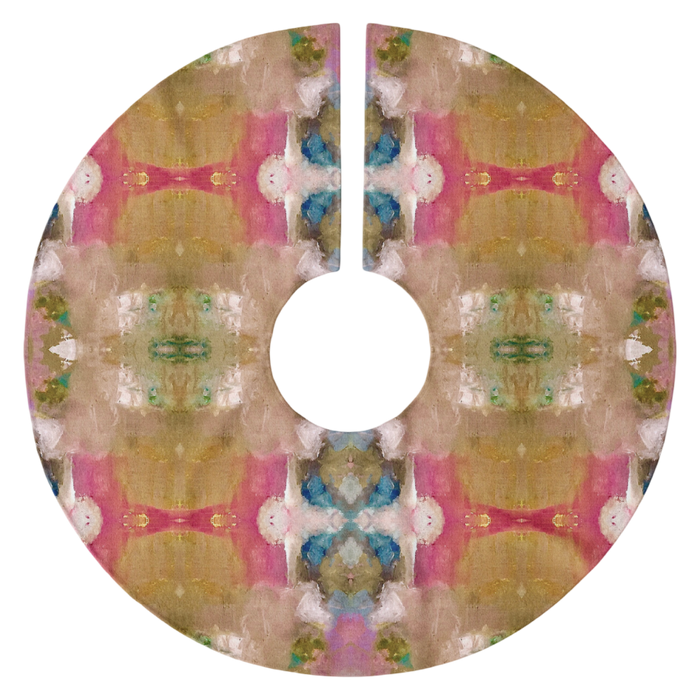 Windy O'Connor Rosie Posey 54-inch Christmas tree skirt featuring pink, green, gold, and blue abstract artwork.