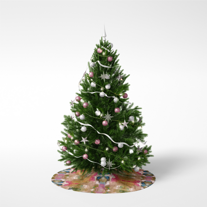 Windy O'Connor Rosie Posey 54-inch Christmas tree skirt featuring pink, green, gold, and blue abstract artwork.